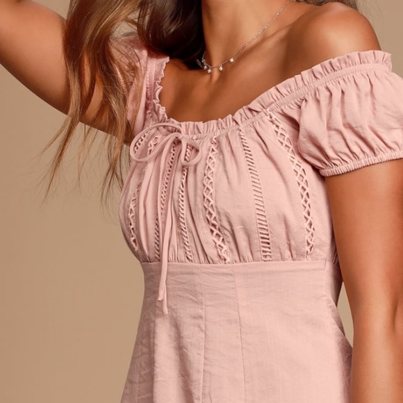Lulu's Blush Pink Embroidered Off Shoulder Mini Dress S - Picture 3 of 7